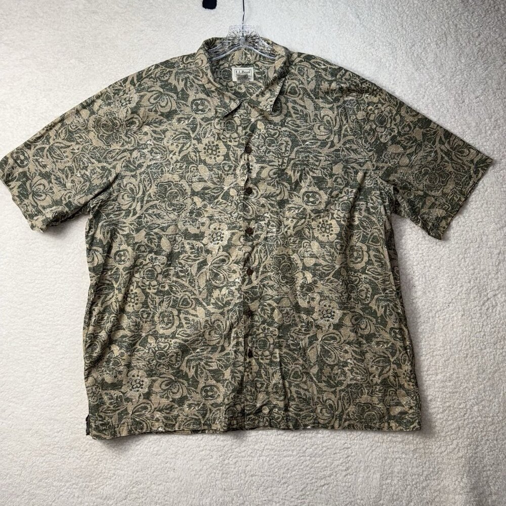 L.L Bean Traditional Fit Hawaiian Floral Print Camp Shirt Cotton Green Mens XXL